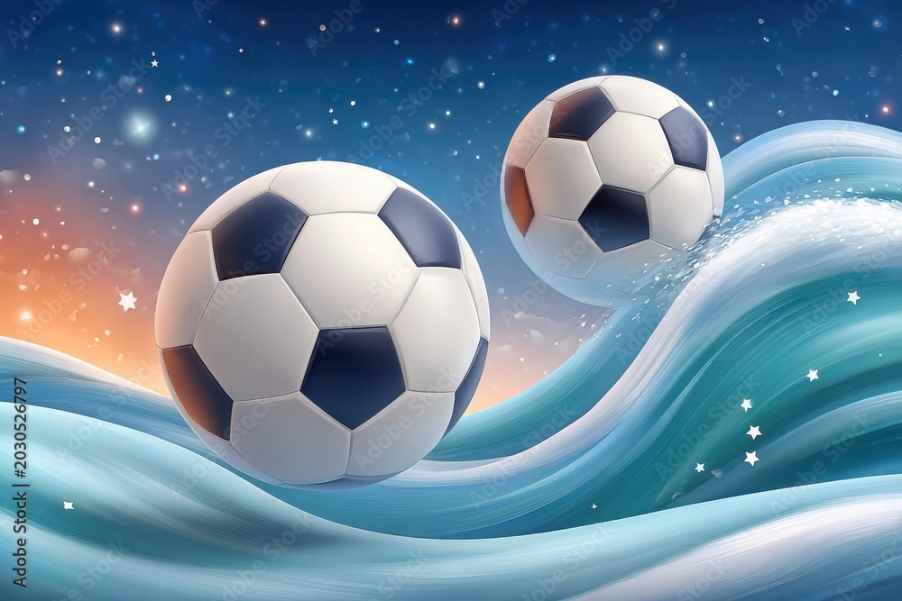 Naklejka premium Abstract dreamlike scene with two soccer balls rolling over blue waves and starry sky