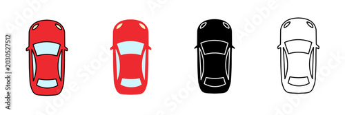 Car top view icon set, automobile overhead perspective collection for map navigation tracking traffic control and parking design, red sportscar black silhouette line art illustrations