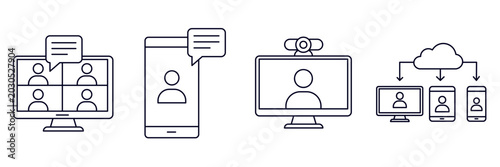 Bild auf Leinwand Online video conference icon set with remote work meeting and web seminar commer