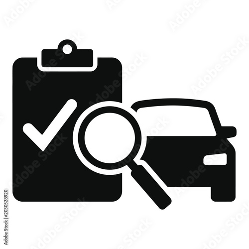 Icon representing car inspection with checklist and magnifying glass for analysis icon
