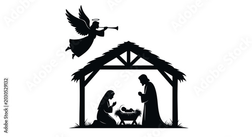 Foto Christmas Nativity Scene Silhouette: Angel, Mary, Joseph, Baby Jesus in Stable
