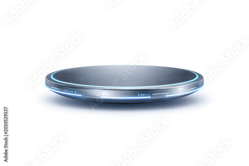 Futuristic metallic spaceship podium with blue neon light isolated on white background for product presentation