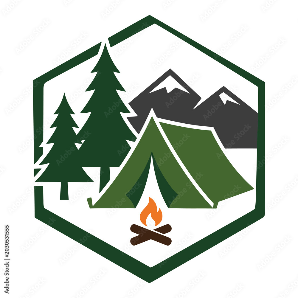 Obraz premium Stylized badge design featuring a green tent and campfire amidst evergreen trees and snowcapped mountains icon