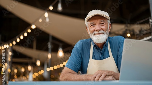 Smiling elderly man with a white beard and a light-colored cap and apron sits at a table with a laptop, with string lights in the