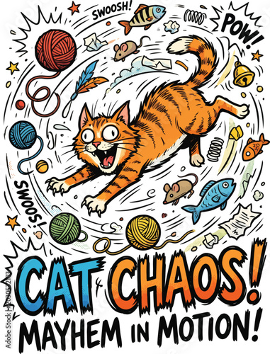 A cartoon cat in chaotic motion surrounded by toys and objects.