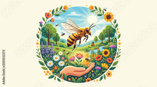 A bee flying over a vibrant floral landscape with a human hand.