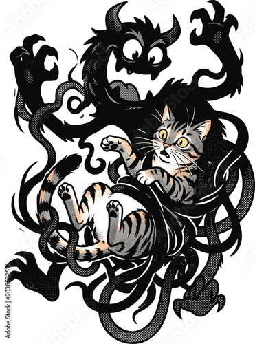 a gray and orange cat entangled with swirling black smoke and evil eyes.