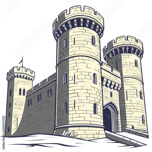 Vector illustration of a medieval stone castle with circular towers and gatehouse fortress medieval