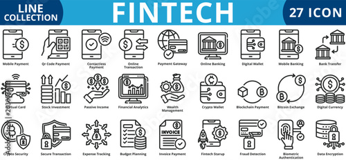Fintech icon set outline style icon set collection vector illustration