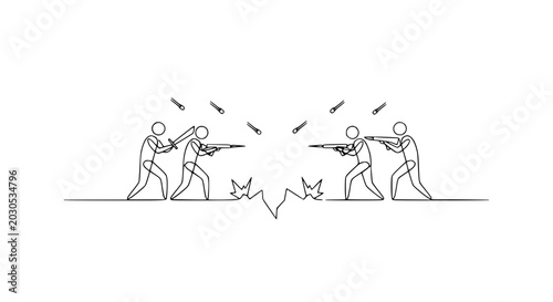 Photos Continuous line drawing of two opposing teams in a battle, shooting and dodging