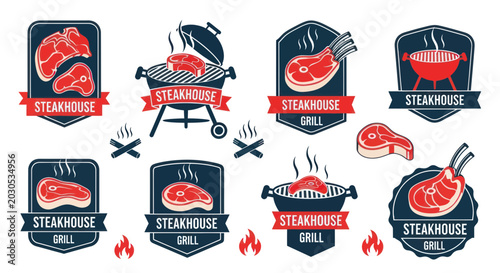 Bild auf Leinwand Steakhouse Grill Icons: Meat Cuts, BBQ, Flames, Emblems
