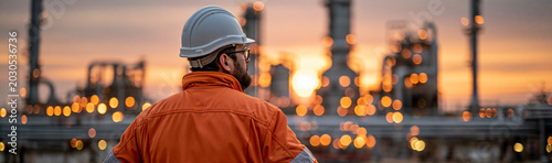 Industrial Spectacle at Dusk: An engineer in a hard hat and safety vest observes a sprawling industrial complex, its myriad lights shimmering against the twilight sky.