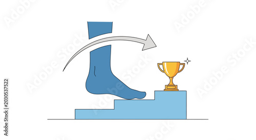 Obraz na plátně Foot stepping up stairs towards trophy, achievement concept