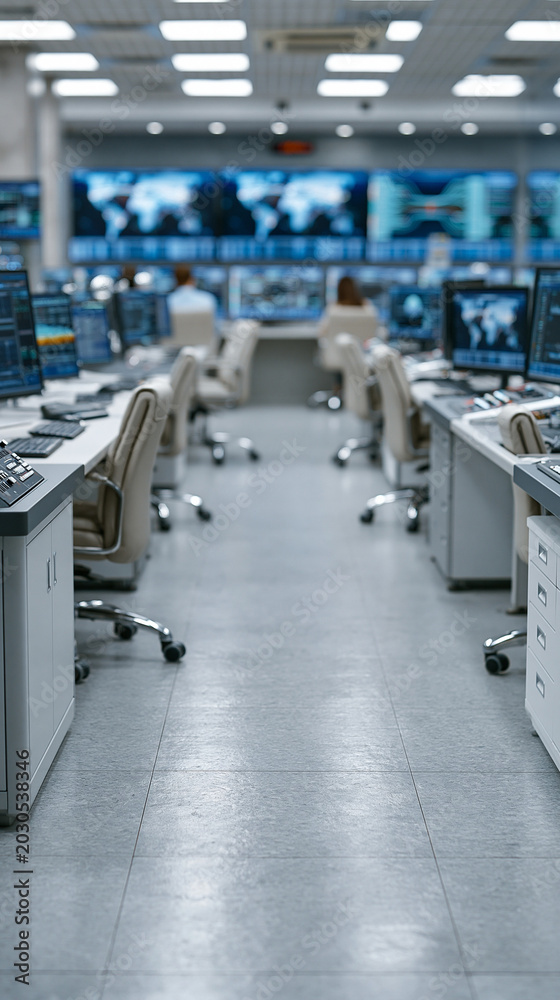 Fototapeta premium Control Room Command Center: Rows of computer workstations and large monitor screens display data and world maps in a modern control room, suggesting a hub of surveillance, operations.