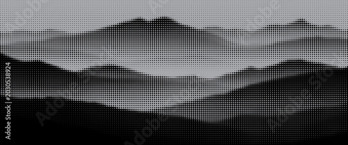 Vector halftone dots background, fading dot effect. Imitation of a mountain landscape, banner, shades of gray.