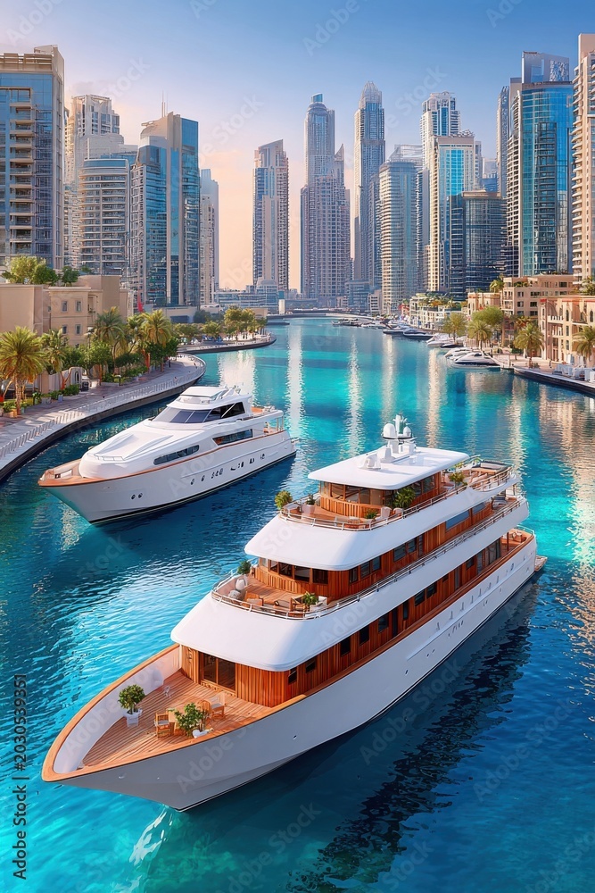 Obraz premium Luxury yachts moored in Dubai marina with modern skyline and turquoise water at sunset