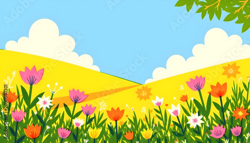 Painting a landscape adorned with meadows and flowers