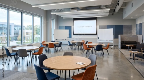Modern corporate conference room with round tables, bright office interior for collaborative workshops, contemporary seminar space with projection screen