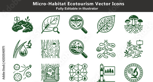 Foto Micro Habitat Ecotourism Vector Icon Sheet Tiny Ecosystem Exploration Nature Obs