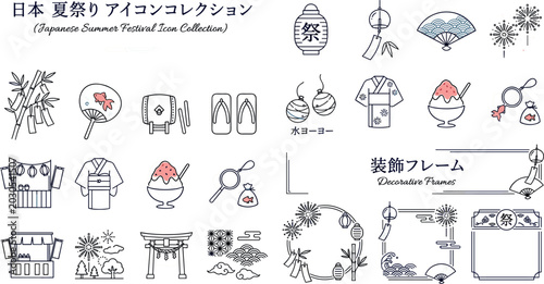 Obraz na plátně Japanese Summer Festival Minimalist Line Art Icon Collection featuring Decorativ