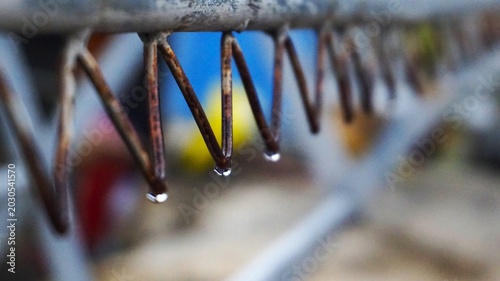 Foto rusted curved metal wires with water droplets hanging from the tips