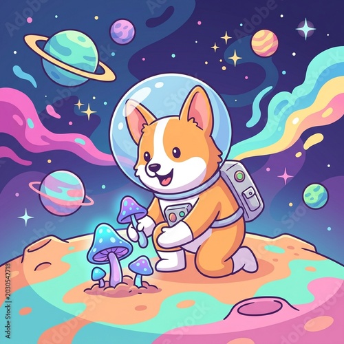 Corgi Dog in Astronaut Helmet Exploring Alien Planet with Robot Companion in Space Fantasy Scene