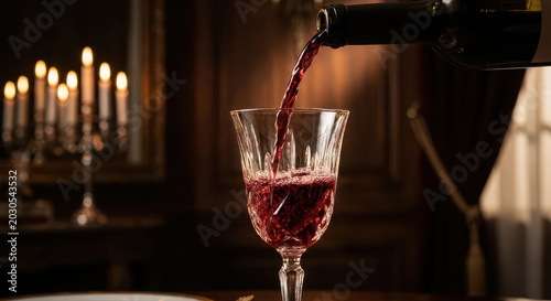 Red wine being poured into a glass on a wooden table