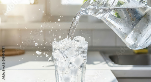 Iced Water Pouring Over Glass in Kitchen