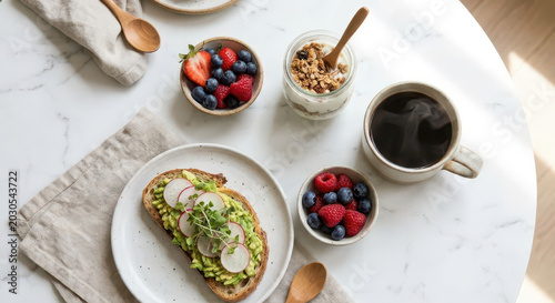 Healthy Breakfast Spread with Fresh Berries, Yogurt, Toast, and Coffee