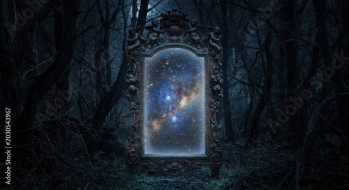 Ornate Mirror Reflecting a Starry Galaxy in a Dark Forest