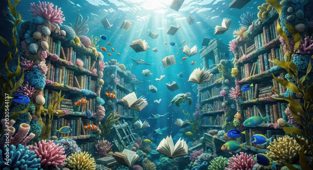Fototapeta premium Underwater library with swimming fish, books floating in coral reef