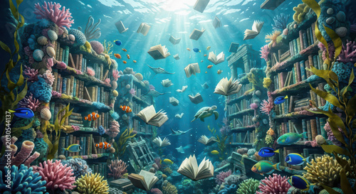 Underwater library with swimming fish, books floating in coral reef