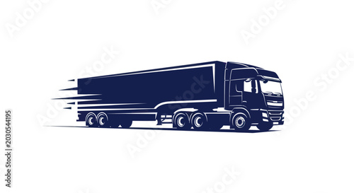 Fast Moving Dark Blue Semi Truck on White Background