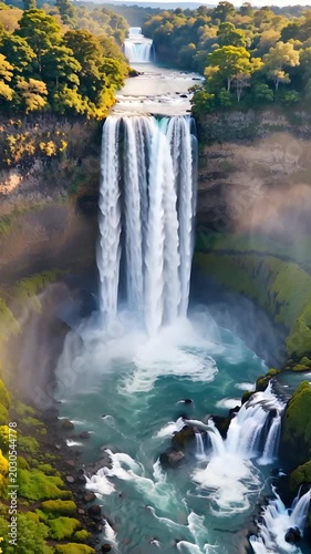 Majestic Waterfall Cascading Through Lush Forest: A powerful waterfall plunges into a turquoise pool, surrounded by vibrant green foliage and trees, creating a breathtaking natural spectacle.