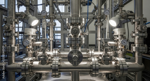 A network of polished metallic pipes and valves in an industrial setting, showcasing intricate engineering and modern design.