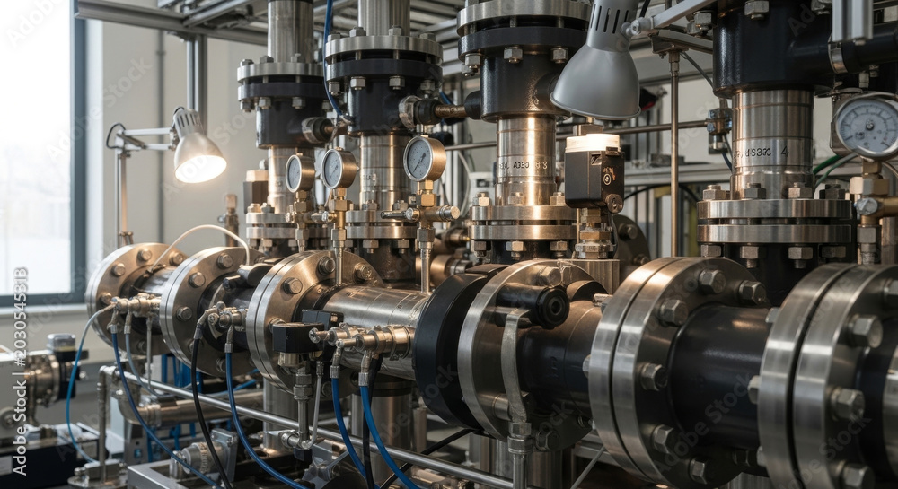Obraz premium Close-up view of precision-engineered industrial pipes with gauges, showcasing the intricate details of modern manufacturing.