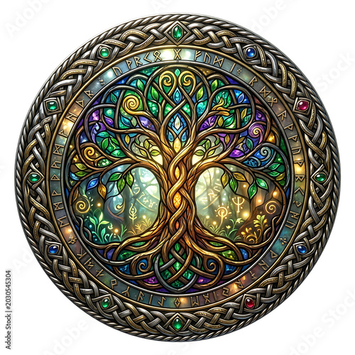 Golden Tree of Life Stained Glass Spiritual Illustration