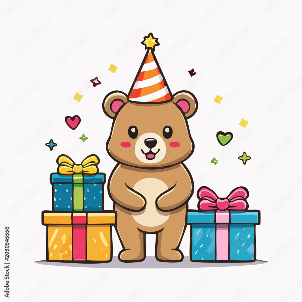 Fototapeta premium Cute Bear Celebrating Birthday with Gifts and Party Hat