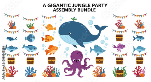 A collection of vector underwater illustrations featuring a whale octopus fish treasure chests corals and bunting