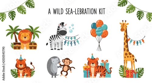 Photography Cartoon jungle animals celebrate with party supplies balloons presents and hangi