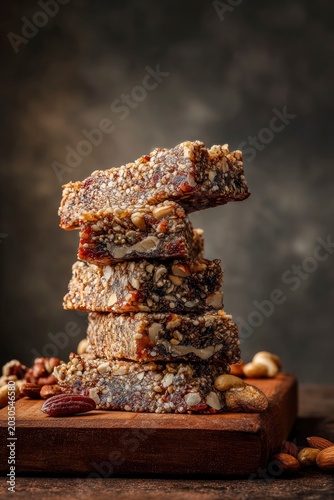 A stack of homemade energy bars made with nuts, seeds, and dried fruit, arranged on a rustic wooden board with assorted nuts.