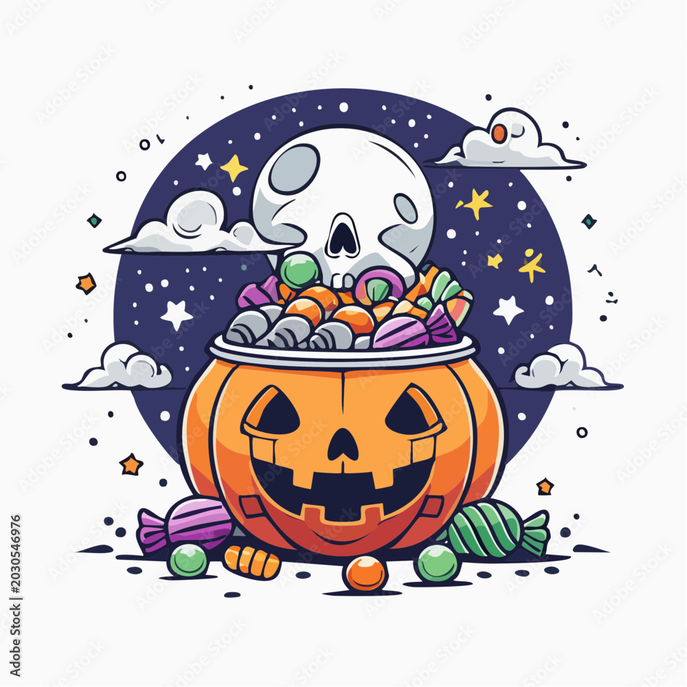 Fototapeta premium Halloween Pumpkin Jack-o'-lantern overflowing with candy and a skull