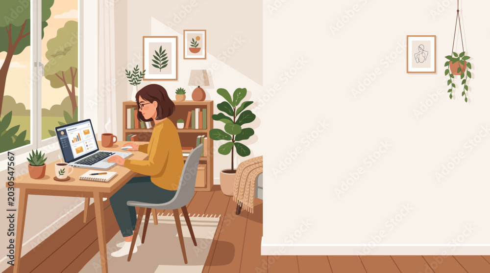 Fototapeta premium Young woman working on a laptop at a desk in a bright, cozy home office filled with plants and natural light