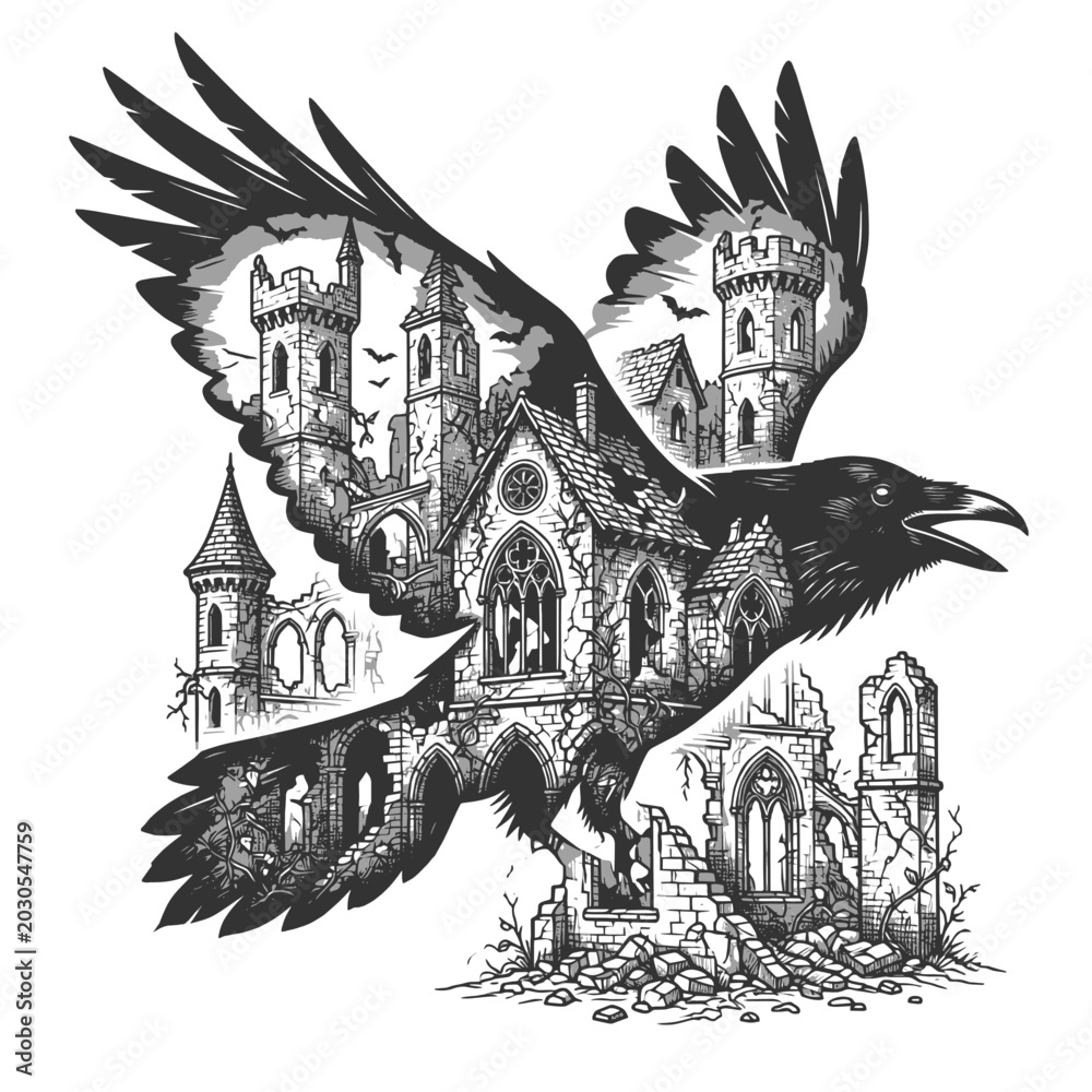 Fototapeta premium crow silhouette with ruined gothic castle inside, symbolizing mystery, dark fantasy, horror, and medieval atmosphere sketch engraving generative ai vector illustration. Scratch board. Black and white