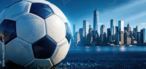 A close-up of a soccer ball reflecting the City skyline across water, Ideal for urban football promotions,city tournament banners,sports-themed travel graphics, modern soccer event marketing materials