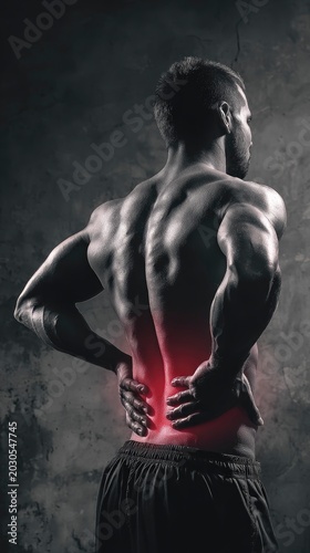 Muscular man holding his lower back, highlighting severe back pain with a red glowing overlay on a dark textured background.