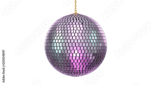 Konstfotografi Sparkling disco ball with mirrored squares hanging from golden chain, isolated o