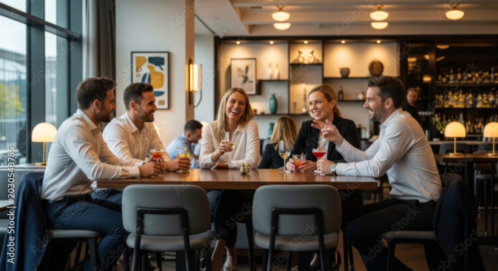 Obraz premium A group of five professionals enjoying drinks and laughter in a modern lounge setting. Excitement and camaraderie fill the air.
