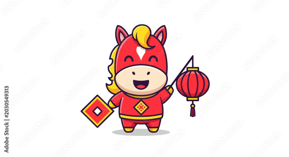 Fototapeta premium Cute Cartoon Horse Character Holding Lantern and Lucky Coin, Chinese New Year