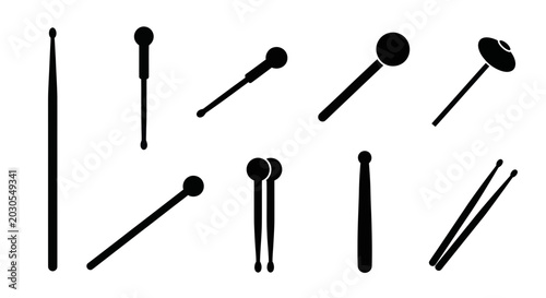 Schilderij op canvas Drumstick Silhouette Collection: Various Types on White Background